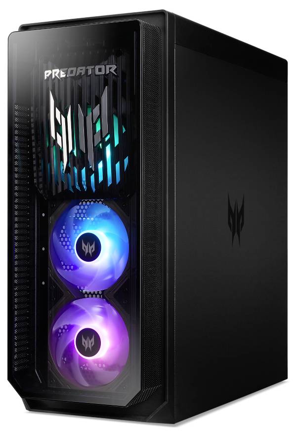 Een gaming-pc-toren met verlichte ventilatoren en het 'Predator'-logo op de voorkant, zwarte behuizing met moderne accenten.
