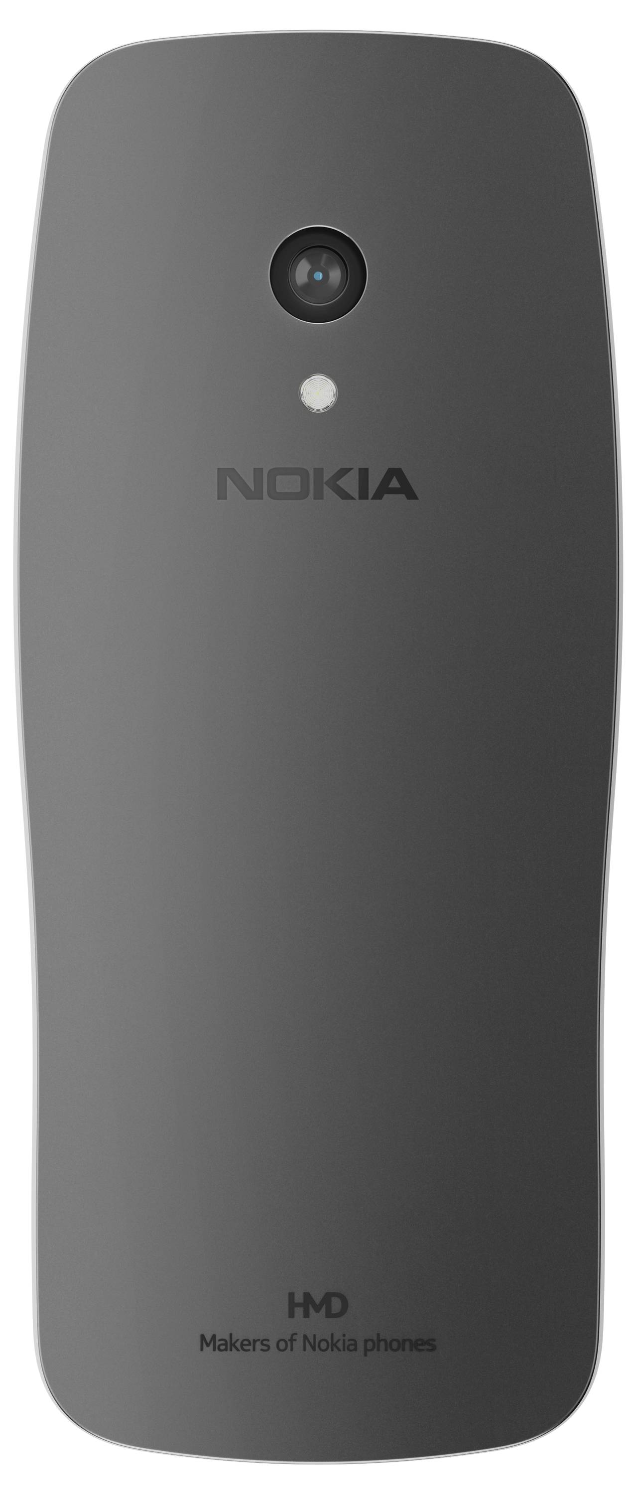 Een zwarte mobiele telefoon van achteren, met een camera bovenaan, het opschrift 'Nokia' in het midden en 'Makers of Nokia phones' onderaan.