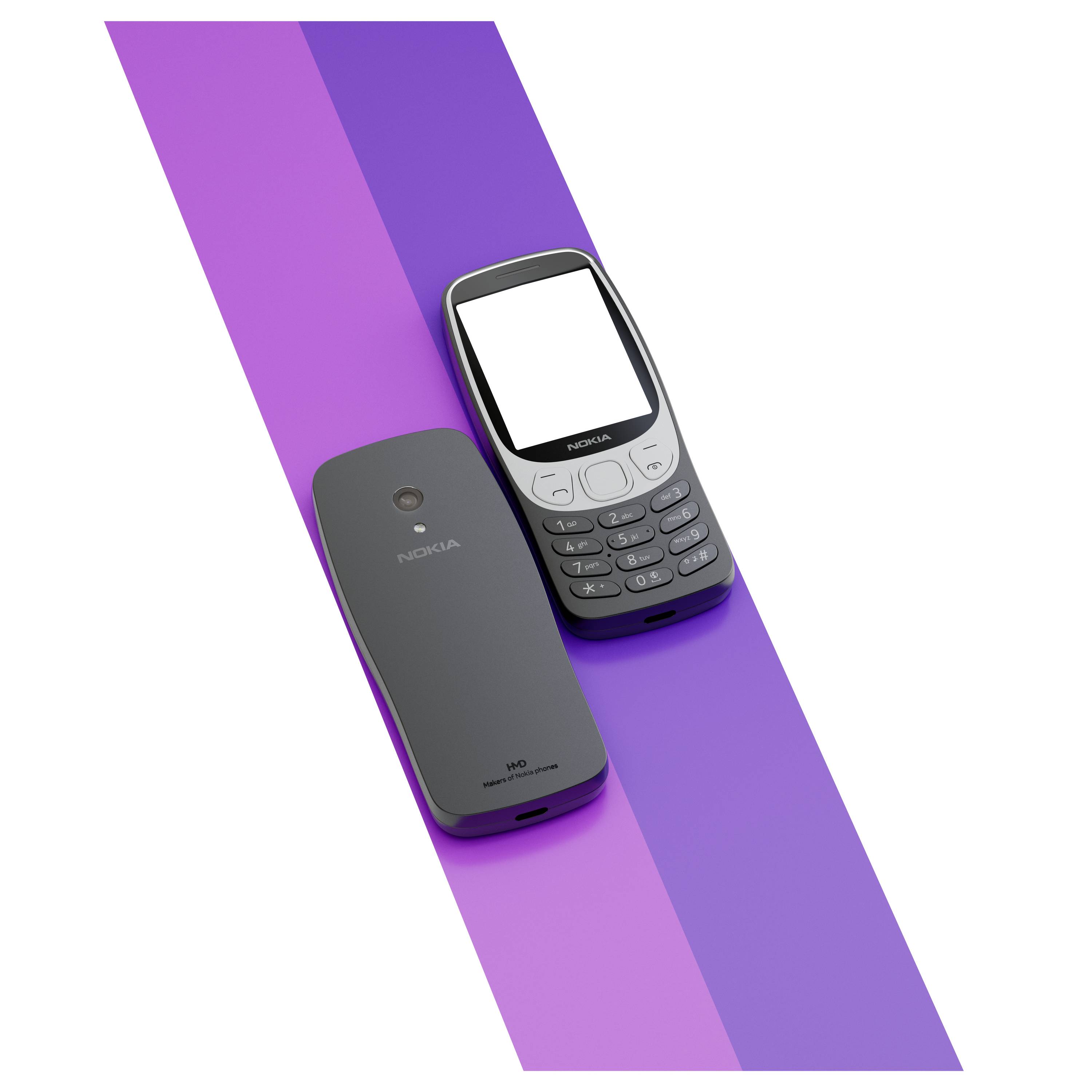 Twee mobiele telefoons met toetsen en een klein scherm liggen op een paarse achtergrond. Eén toont de voorkant, de andere de achterkant.