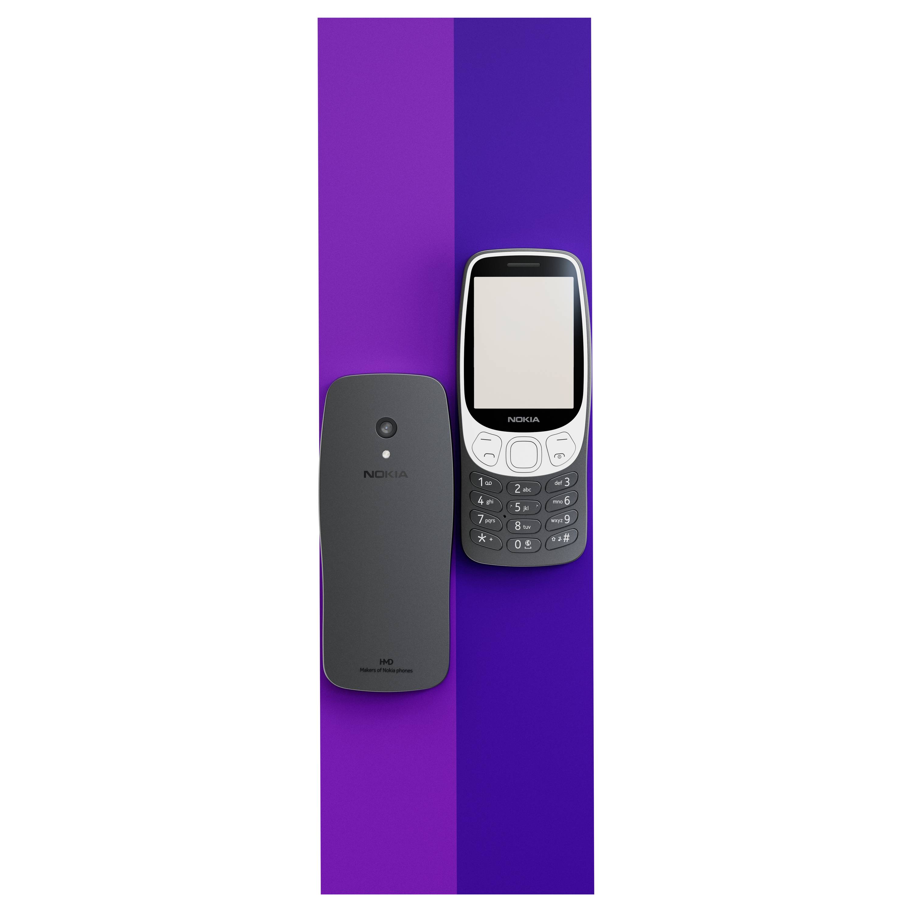 Twee Nokia-mobieltjes, een voor- en achteraanzicht, op een paarse achtergrond. Links de achterkant van de telefoon; rechts de telefoon met display en toetsen.