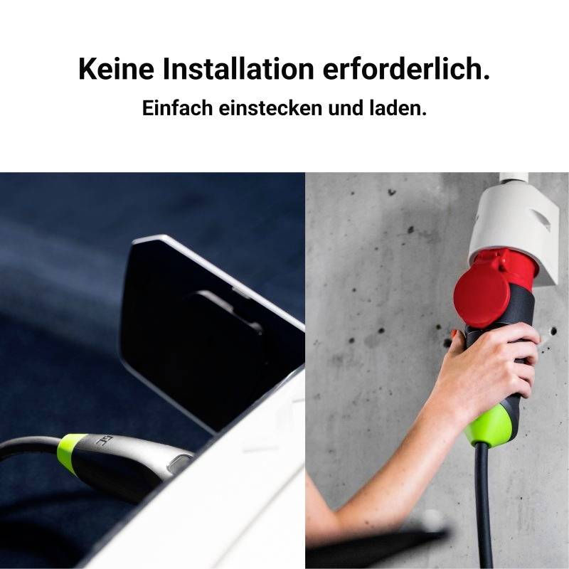 Twee afbeeldingen naast elkaar: Links een auto met laadkabel, rechts een hand die een stekker in een stopcontact steekt. Tekst: 'Geen installatie nodig. Gewoon aansluiten en laden.'