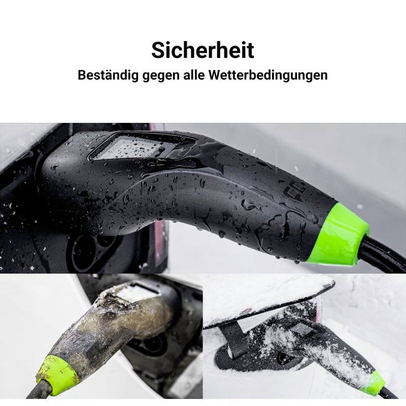 Een elektrische auto-laadstekker met een groen uiteinde, bedekt met water en sneeuw, toont zijn weersbestendigheid. Tekst: 'Veiligheid - Bestand tegen alle weersomstandigheden'.