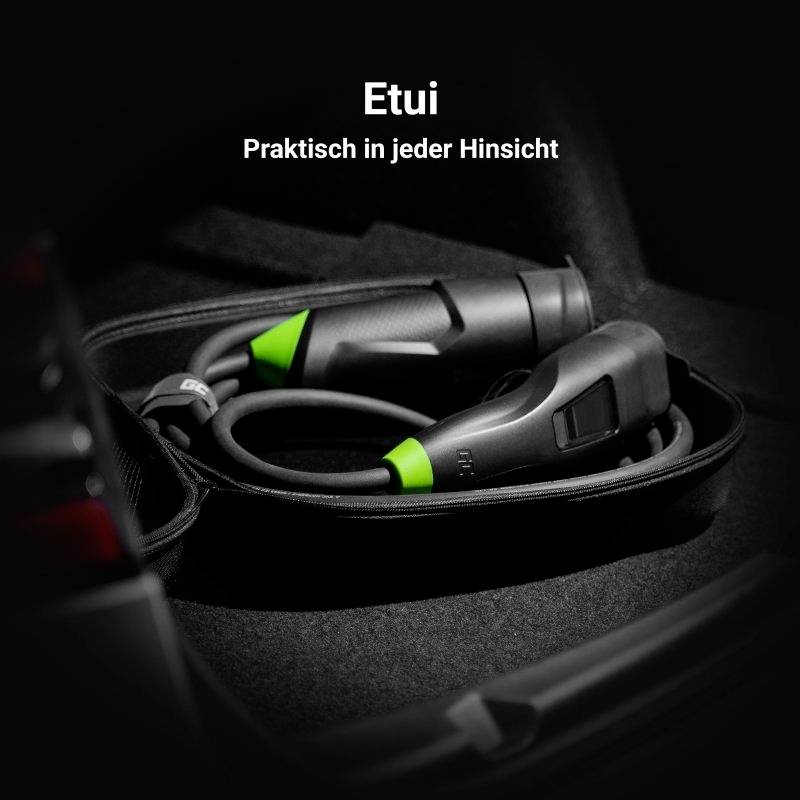 Stekkers en kabels in een etui in de kofferbak van een auto met het opschrift 'Etui: Praktisch in alle opzichten'.