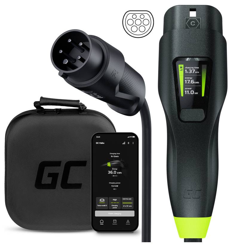 Laadkabel en draagbaar laadstation met digitaal display tonen laadgegevens. Smartphone-app toont vergelijkbare informatie. Transporttas op de achtergrond.