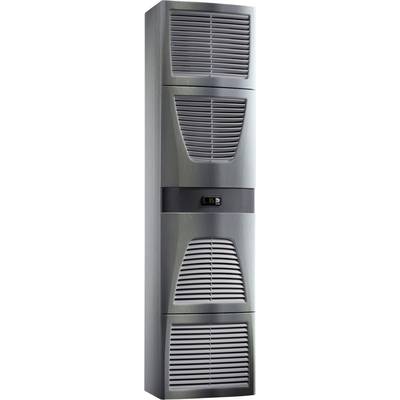 Een zilverkleurig, hoog ventilatie-apparaat met meerdere horizontale lamellen voor ventilatie en een klein digitaal display aan de voorkant.
