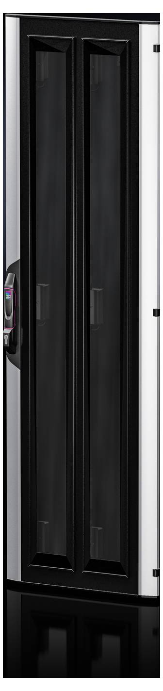 Een verticale zwarte telefooncabine met glazen deuren en een bedieningspaneel aan de zijkant, vermoedelijk voor openbare communicatie.