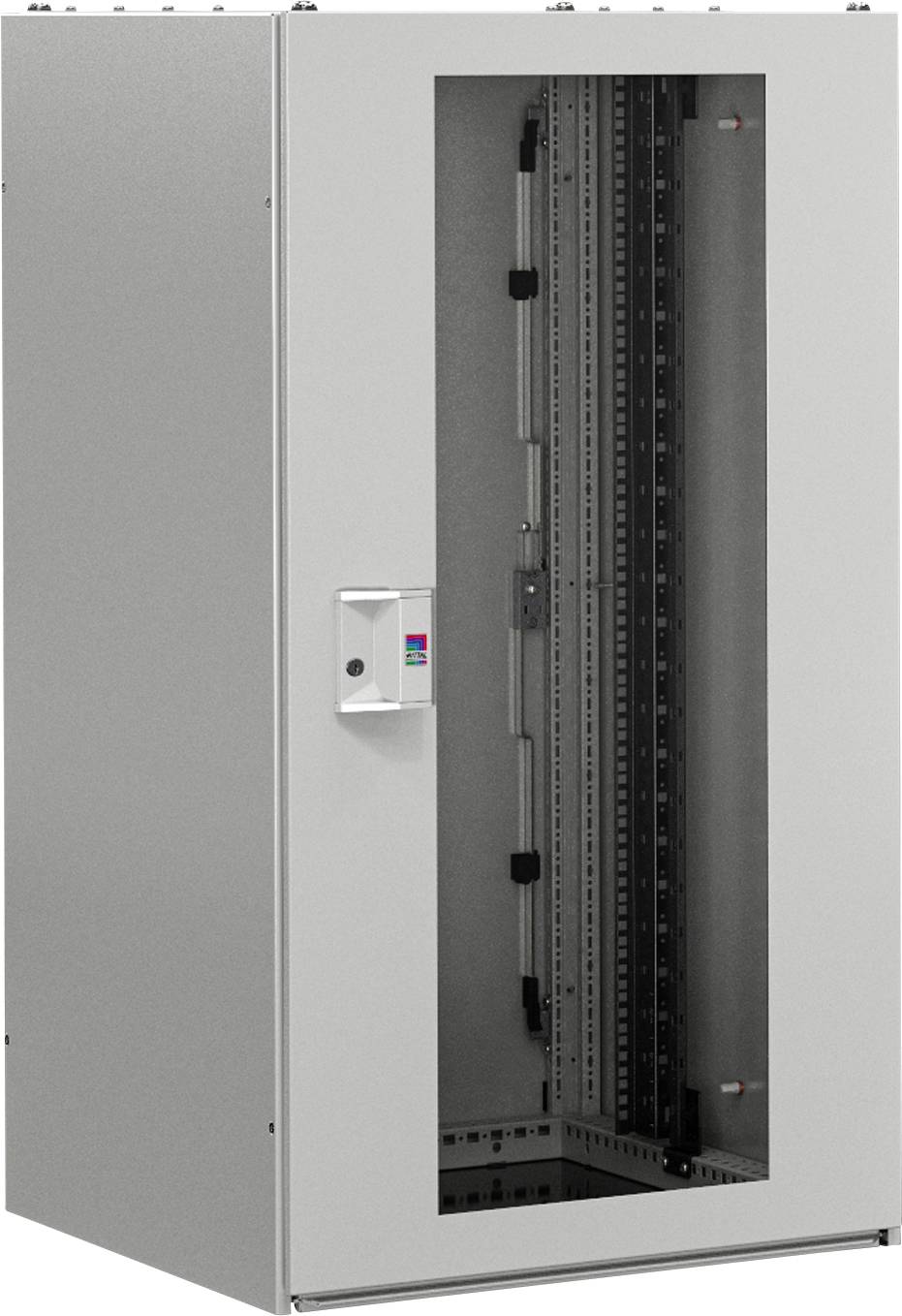 Een lege, grijze metalen kast met glazen deur, geschikt voor het opbergen van elektronische apparaten of netwerkcomponenten.