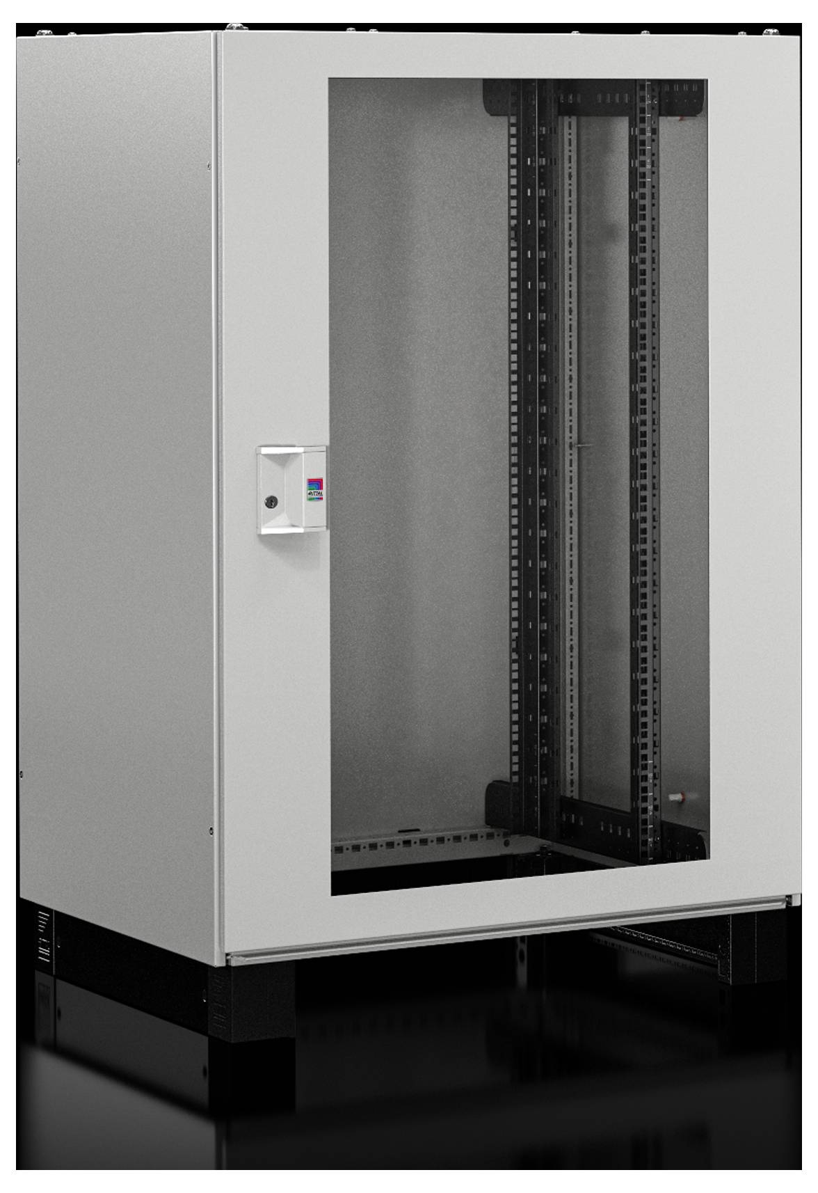 Industriële schakelkast met transparant deurpaneel; toont intern rek voor montage van elektrische of netwerkcomponenten.