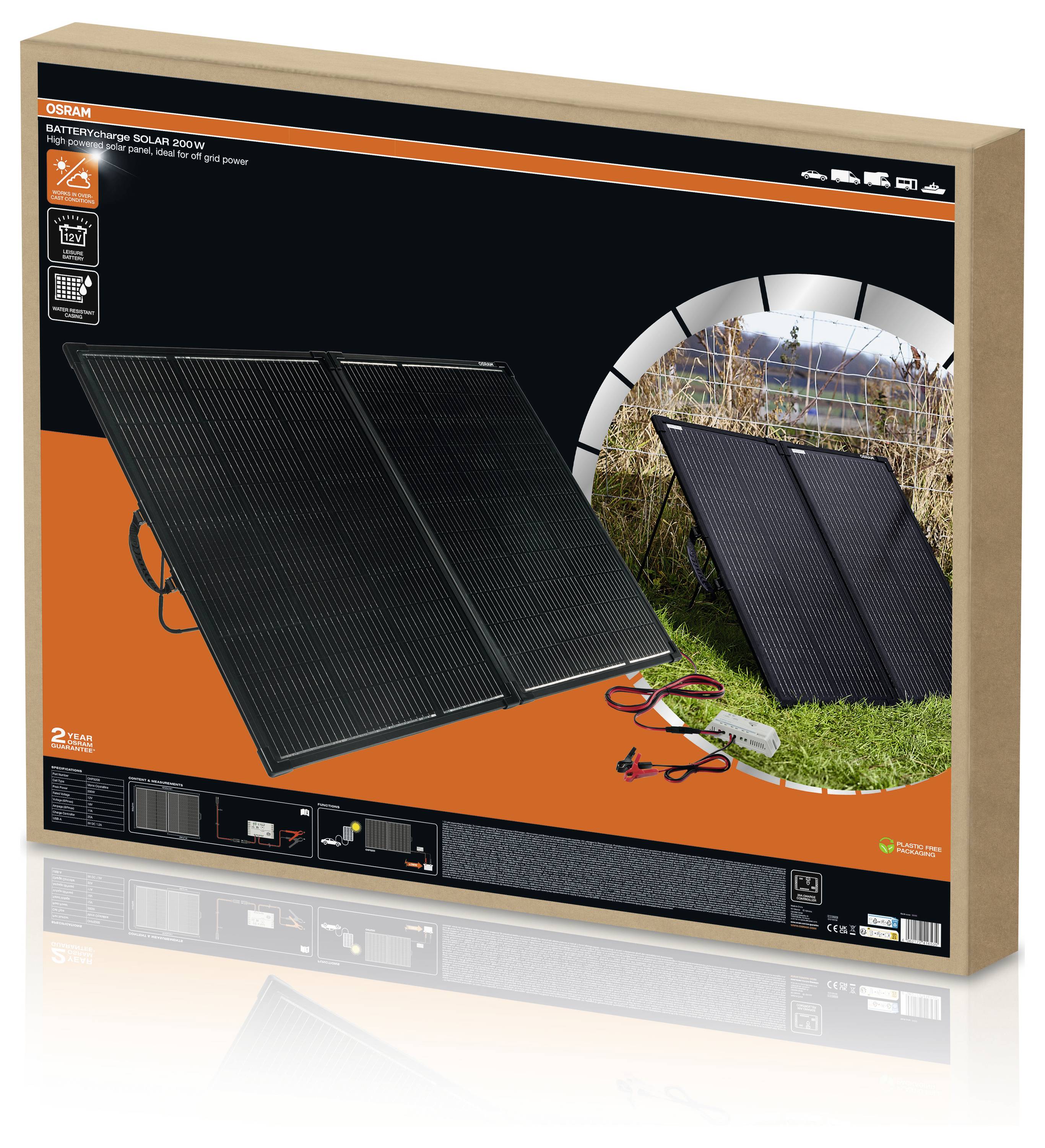 Verpakking van een draagbaar zonnepaneel met twee panelen, kabels en een adapter. Ideaal voor gebruik buitenshuis en onderweg.