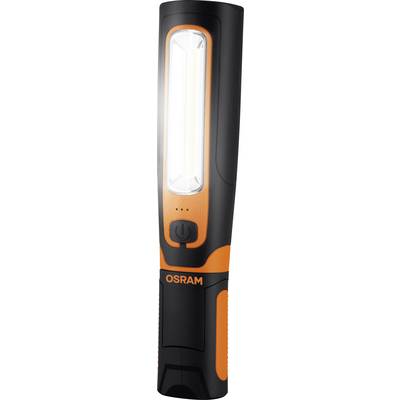 Een zwarte en oranje LED-zaklamp van het merk Osram met een lange, smalle lichtbron.