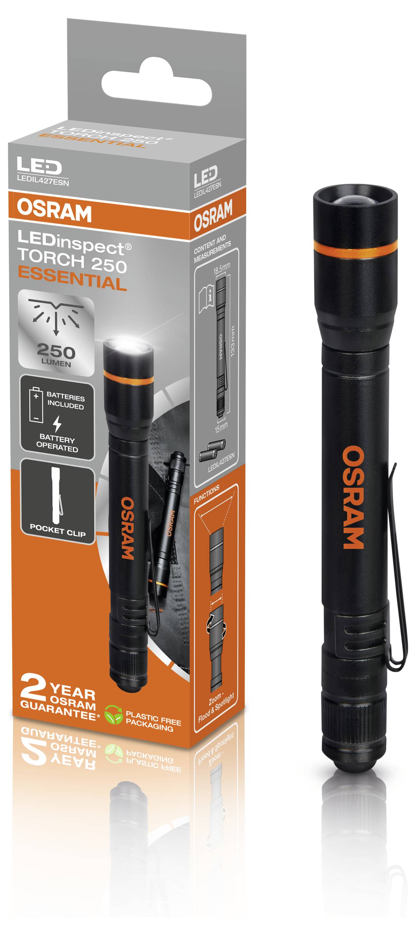 Zaklamp OSRAM LEDinspect PRO LEDIL 250 met 250 lumen, in zwart met clip, staat voor zijn verpakking met productdetails.