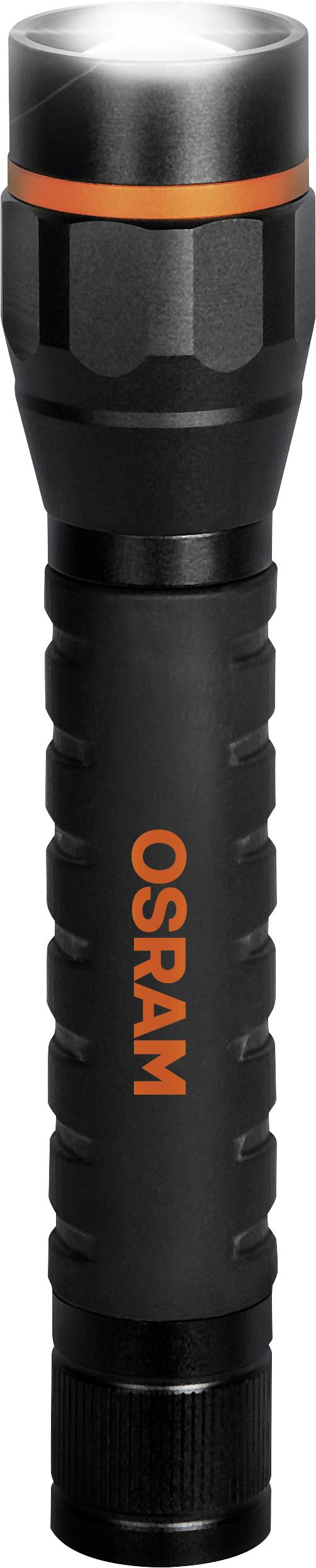 Zwarte zaklamp met oranje 'OSRAM'-logo, verlichte kop.