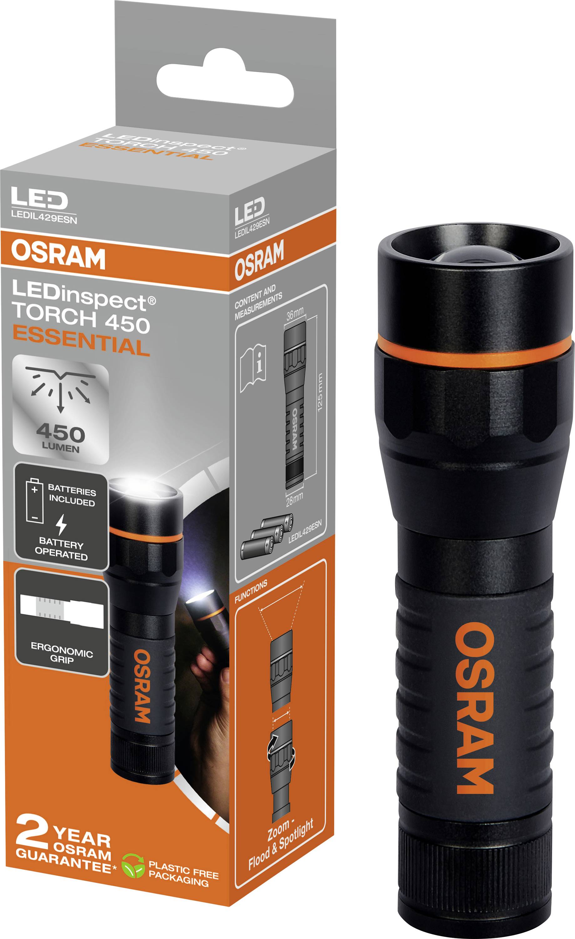 Osram LED-zaklamp: Model 'LEDinspect TORCH 450 ESSENTIAL', 450 Lumen, batterijen inbegrepen, ergonomische handgreep, 2 jaar garantie. Verpakking toont lamp, specificaties en merknaam.