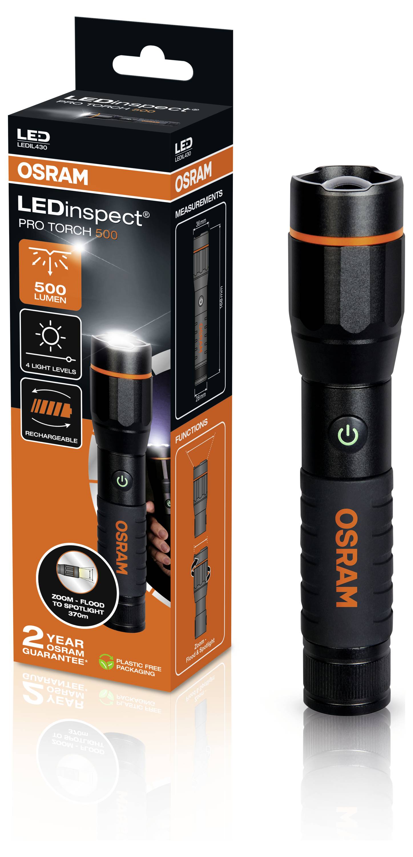 'Deze LED-zaklamp van OSRAM biedt 500 lumen lichtopbrengst en wordt verkocht met 2 jaar garantie. Bevat oplaadbare batterij.'