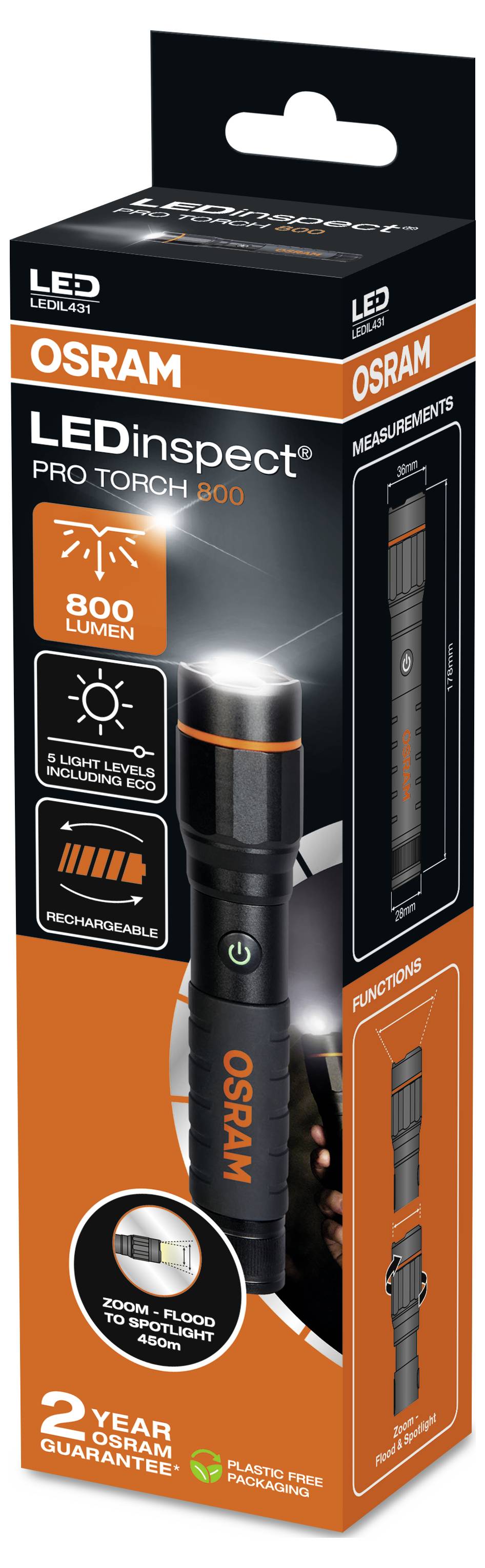 Verpakking van een OSRAM LEDinspect Pro Torch 800. Toont zaklamp met 800 lumen, oplaadbaar. Bevat functies en garantiedetails.