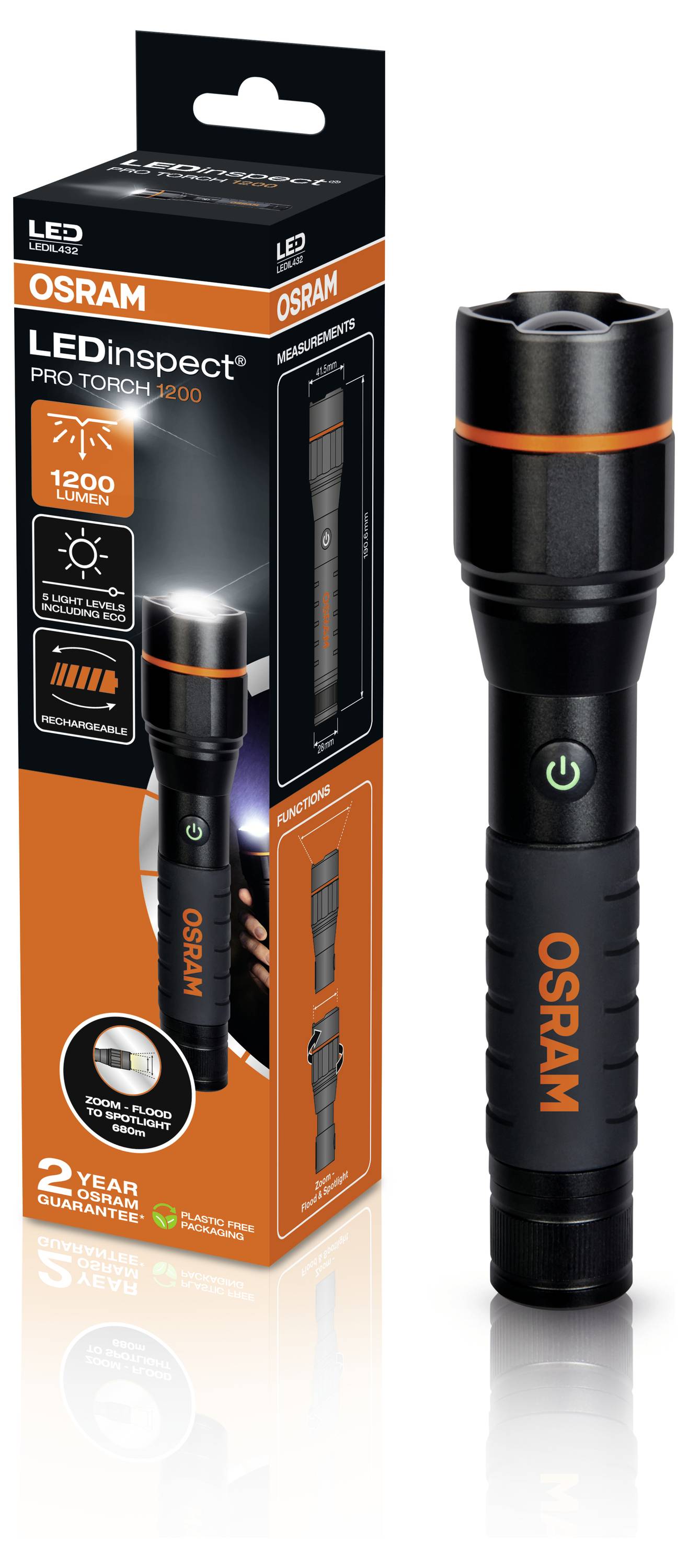 Een zwarte LED-zaklamp met oranje detail en verpakking. Merknaam 'OSRAM', 1200 lumen, 2 jaar garantie.