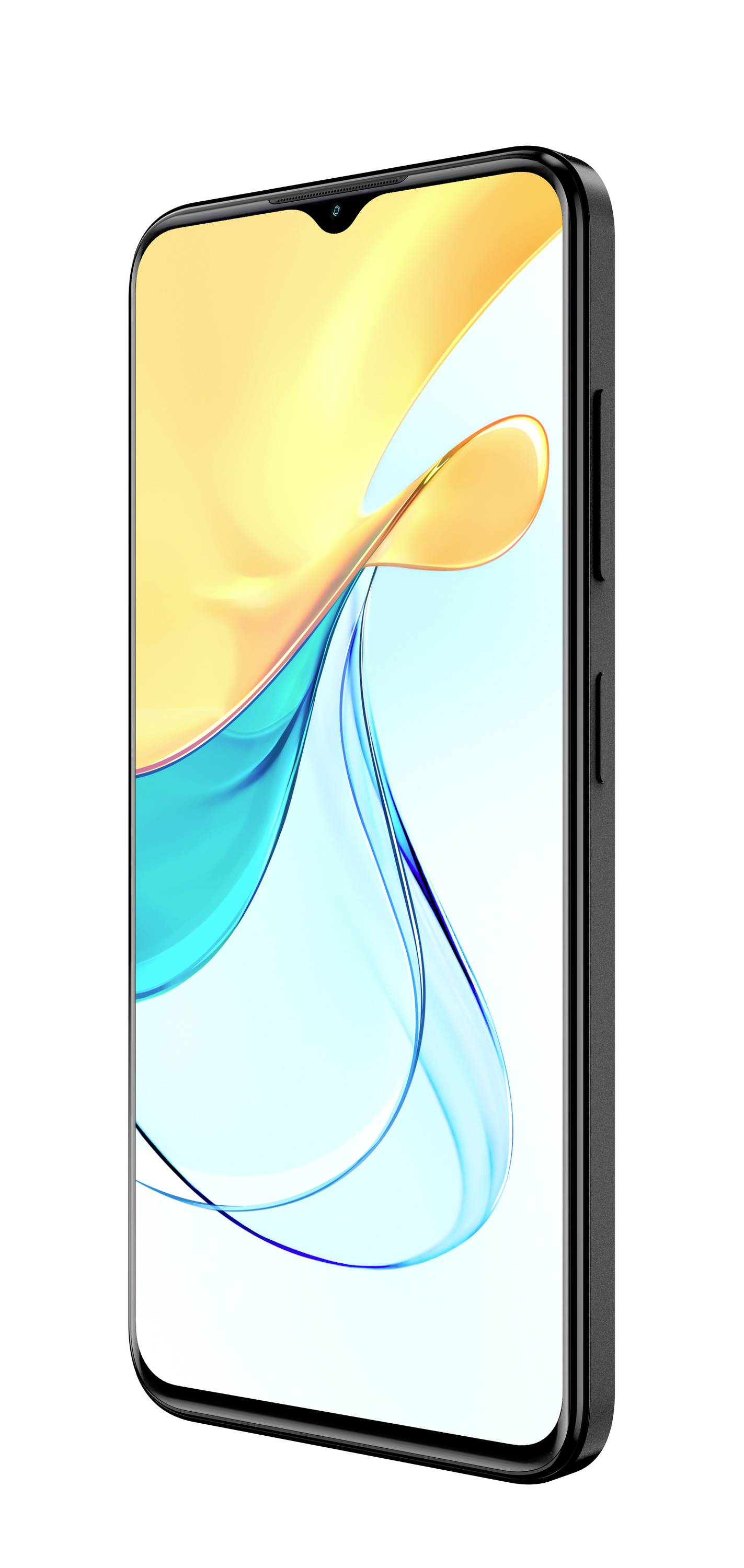 Een modern smartphone toont een dynamische, kleurrijke achtergrondafbeelding op het scherm en heeft een slanke, zwarte behuizing.