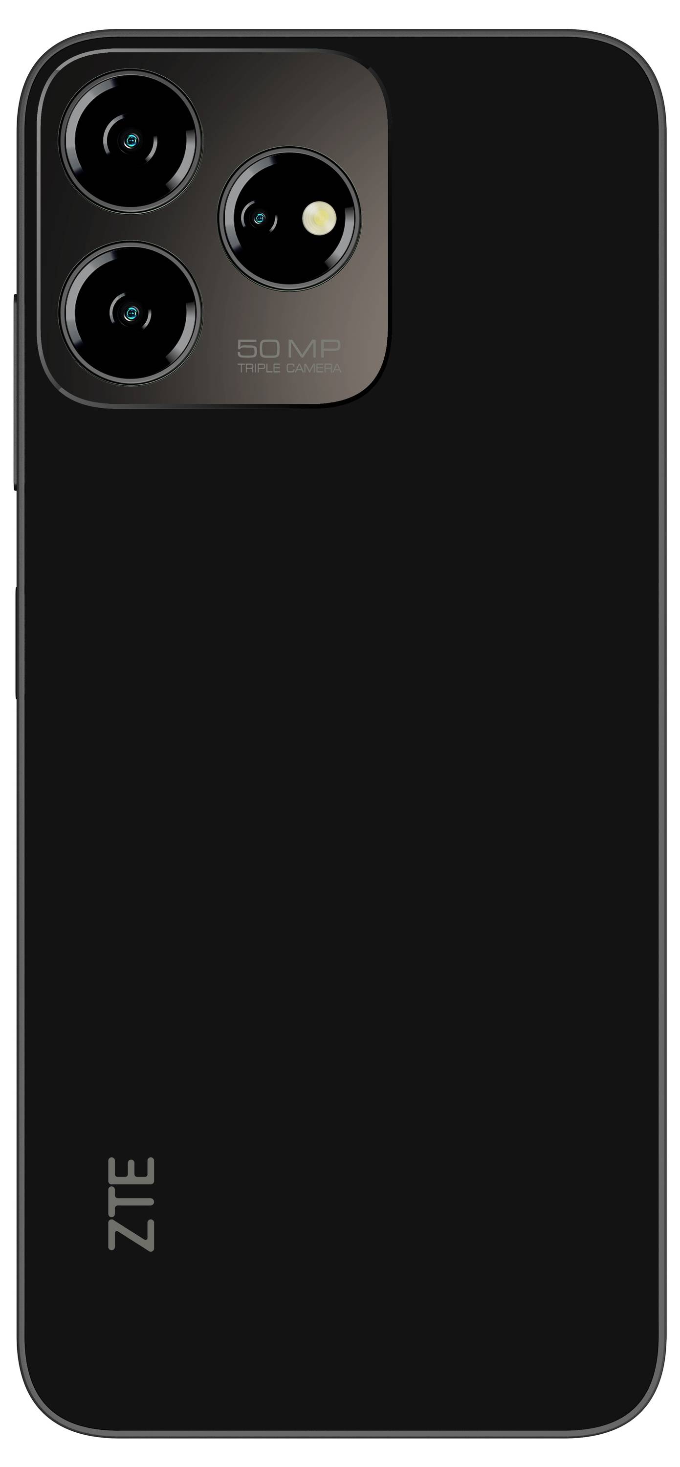 Een zwarte smartphone met drie cameraobjective aan de achterkant. '50 MP' opschrift naast de camera's. ZTE-markering.
