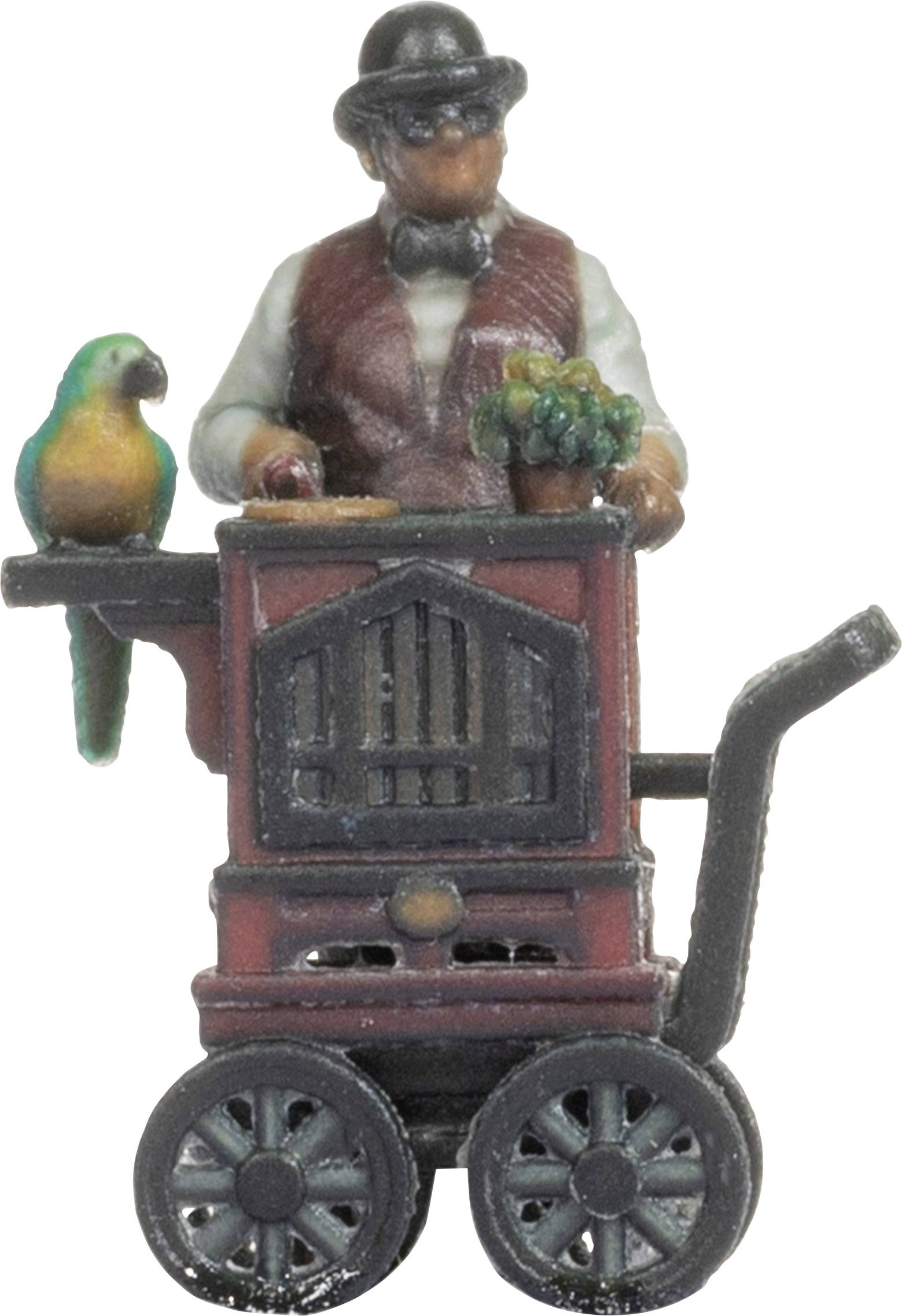 Man in traditionele kledij draait een draaiorgel, een kleurrijke papegaai zit erop.