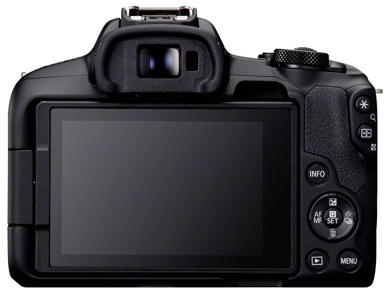 Een digitale camera, gezien van achteren, met beeldscherm, zoeker en bedieningsknoppen.