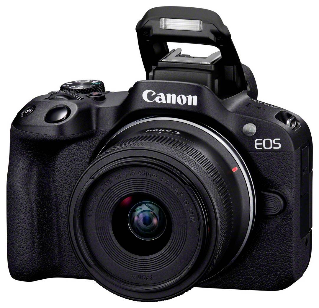 Digitale camera met een groot objectief, ingebouwde flitser, gericht naar voren; toont het model 'Canon EOS' op een zwarte behuizing.