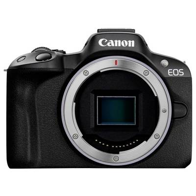 Zwarte DSLR-camera zonder lens van voren, met merkopdruk bovenaan.