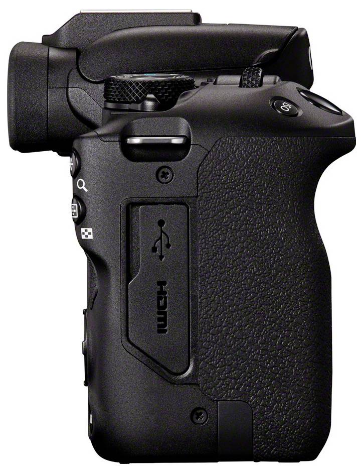 Digitale camera, zijaanzicht, toont de HDMI- en USB-poorten aan de linkerkant van de camerabehuizing.