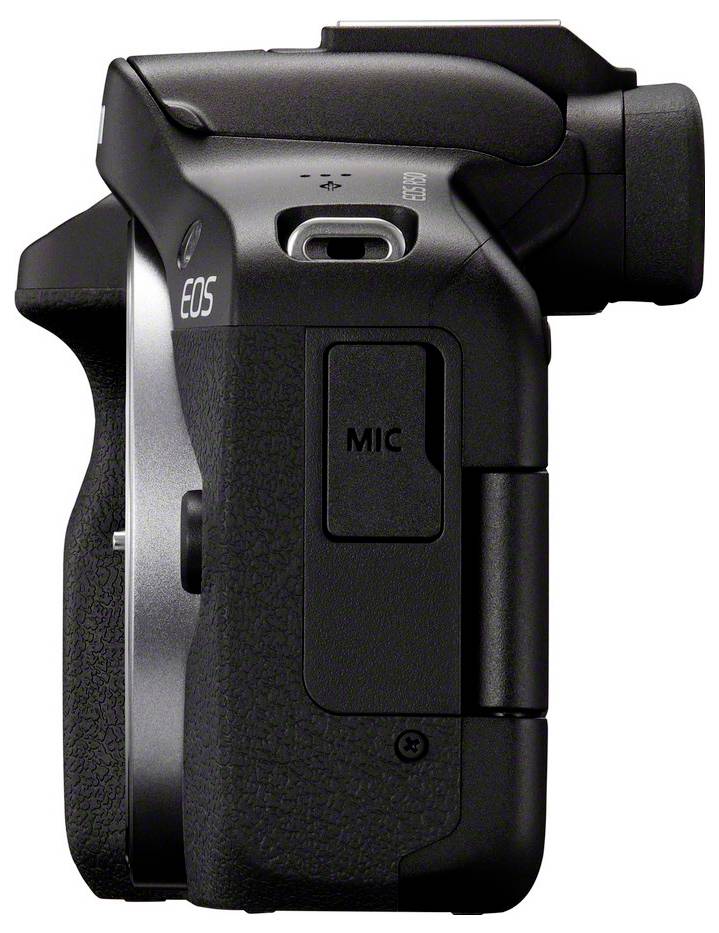 Zijaanzicht van een zwarte camera met gemarkeerde microfoonaansluiting aan de linkerkant.