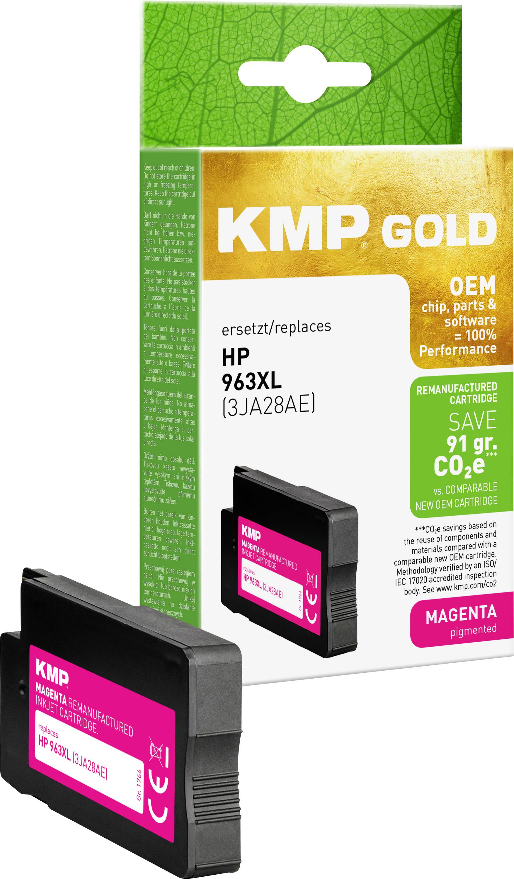 KMP Gold gerenoveerde HP 963XL magenta inktcartridge verpakking en cartridge, gelabeld met OEM-chips en 100% prestaties.