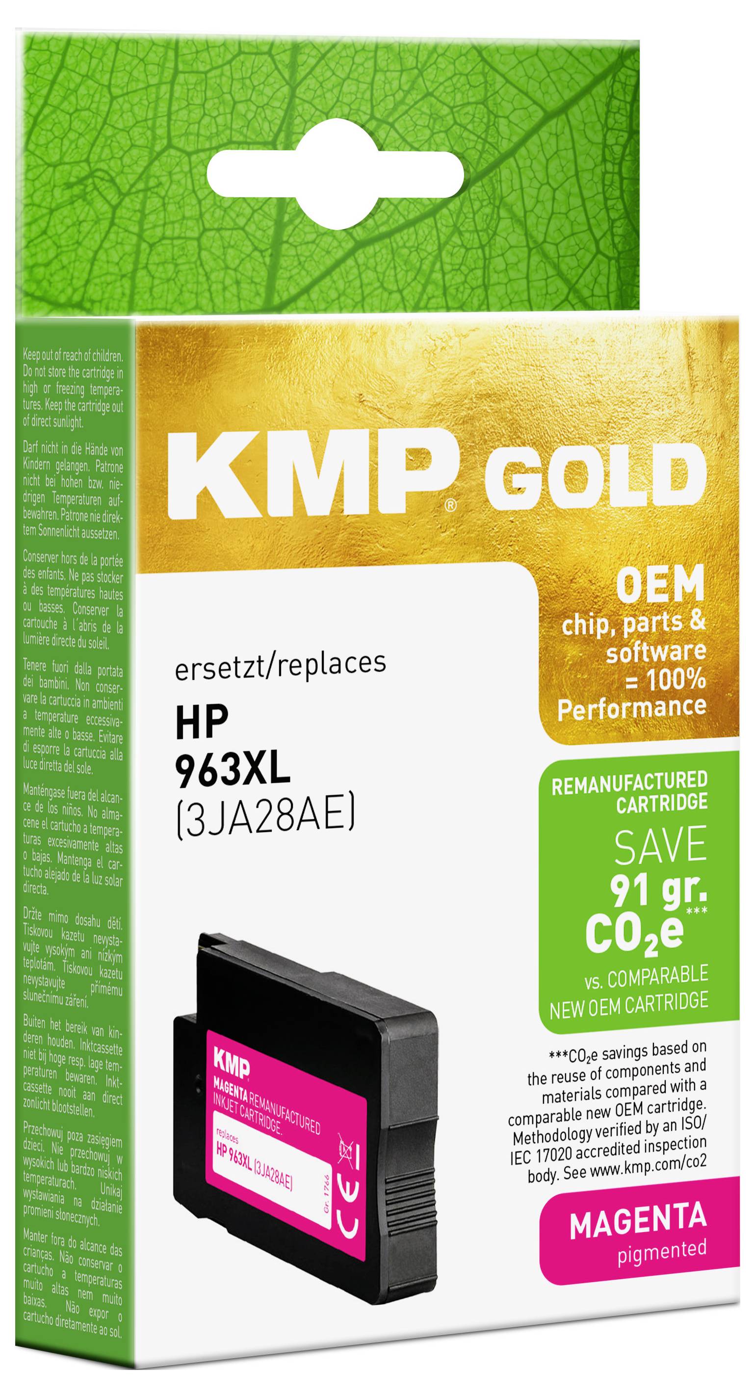 KMP Gold OEM geremanufactureerde magenta inktcartridge verpakking, gelabeld 'vervangt HP 963XL (3JA28AE)' en 'Bespaar 91 gr. CO2e'.