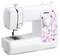 Witte naaimachine met bedieningselementen en kleurrijk design. Merk 'Brother', model 'Little Angel'.