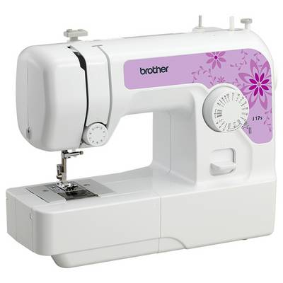 Een witte naaimachine met een paars bloempatroon en verschillende instelknoppen.