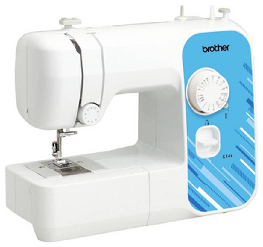 Een witte naaimachine met een blauw bedieningspaneel aan de rechterkant. Het merk is 'brother'.