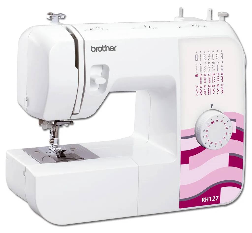Witte naaimachine met meerdere stikpatronen en bedieningsknoppen. Markering 'RH127' zichtbaar.