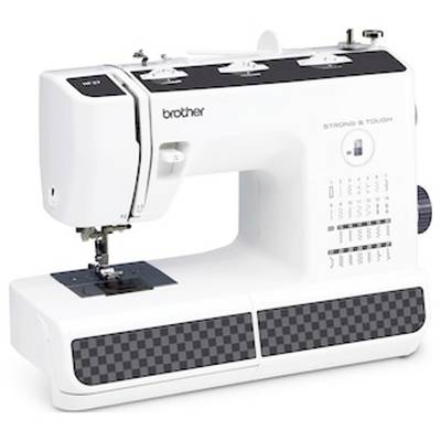 Naaimachine met een wit behuizing, drie draaiknoppen bovenaan en een display voor het weergeven van instellingen.