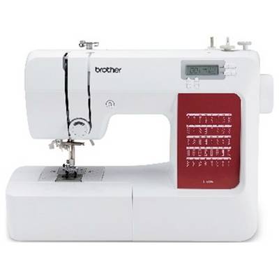 Witte naaimachine met rood bedieningspaneel en digitaal display. Verschillende steekpatronen zijn zichtbaar.
