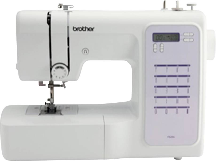 Een witte naaimachine met een digitaal display en meerdere steekopties aan de rechterkant.