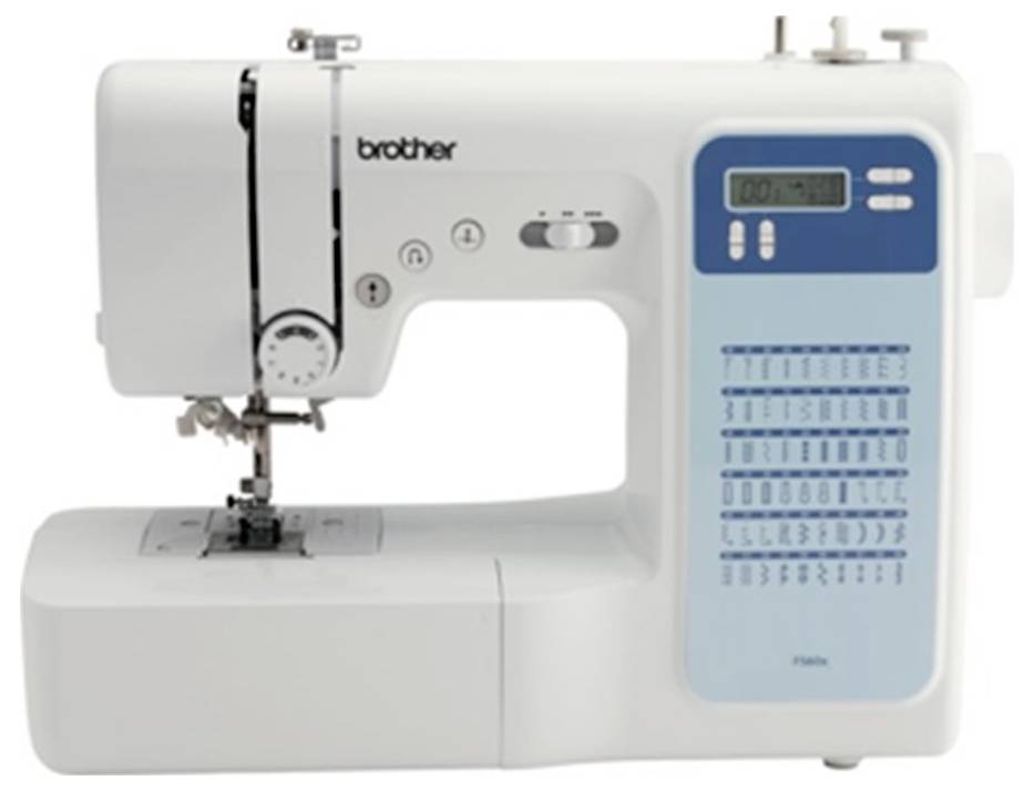 Elektrische naaimachine met display en meerdere steekpatronen. Hoofdkleur wit met blauwe bedieningselementen.