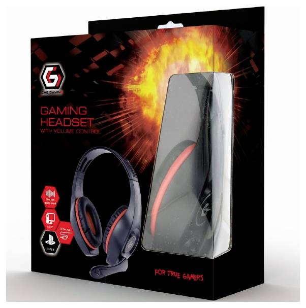 'Verpakking van een gaming-headset met volumeregeling, afbeelding van de headset en pictogrammen voor PC, Mac, Xbox en PlayStation.'