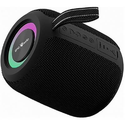 Een draagbare Bluetooth-speaker in het zwart met sfeervolle LED-verlichting en een stoffen lus om mee te nemen.