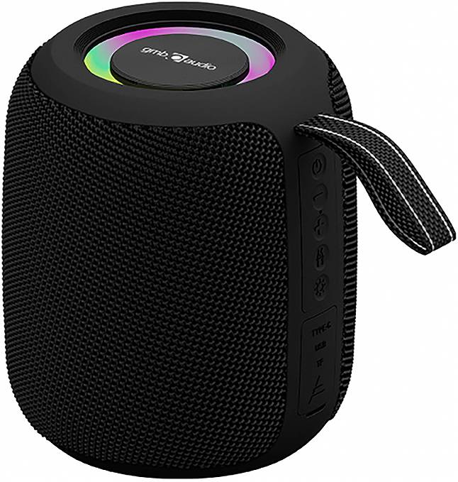 Draagbare luidspreker met een zwarte behuizing en RGB-LED-verlichting bovenop; voorzien van een draaglus en bedieningselementen aan de zijkant.