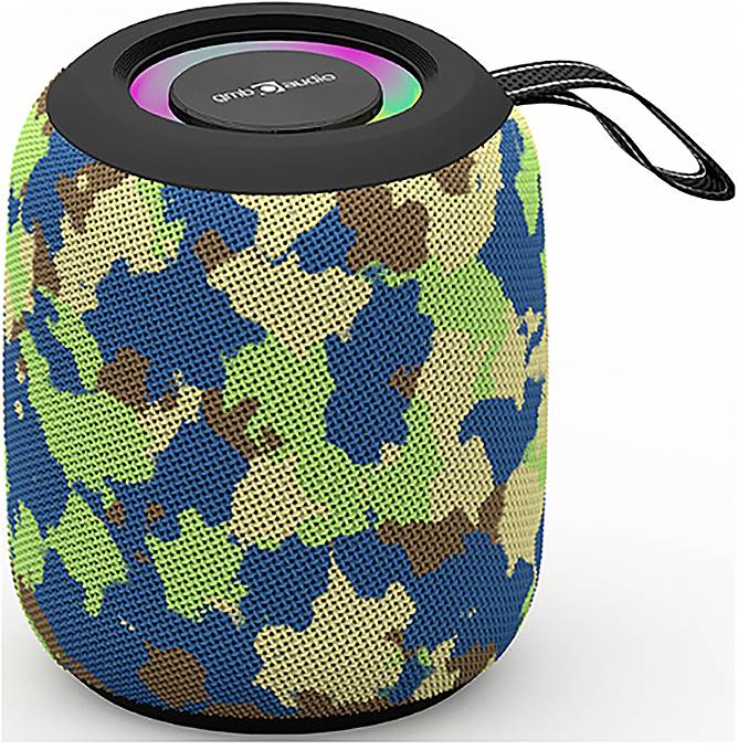 Draagbare luidspreker met een kleurrijk camouflagepatroon en een verlichtingsring aan de bovenkant.