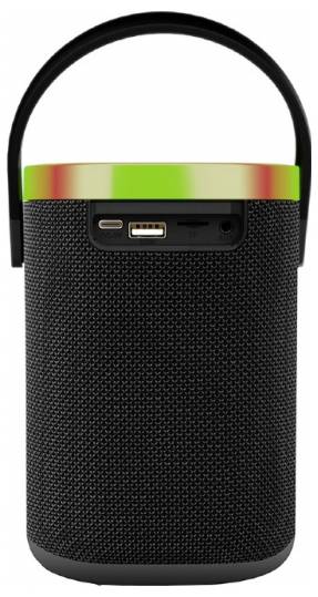 Draagbare, cilindervormigeluidsspreker in het zwart met handgreep en USB-aansluiting. Bovenaan een kleurrijke rand in groen, geel en rood.