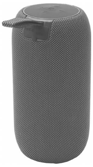 Grijze cilindrische Bluetooth-speaker met textielafwerking. Bovenaan bevinden zich bedieningsknoppen en een aansluiting voor een USB-kabel.
