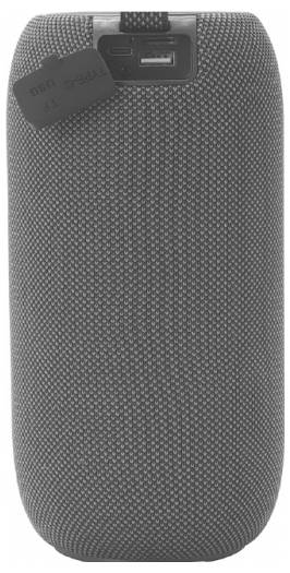 'Grijze, draagbare luidspreker met USB- en Type-C-aansluiting aan de achterkant.'
