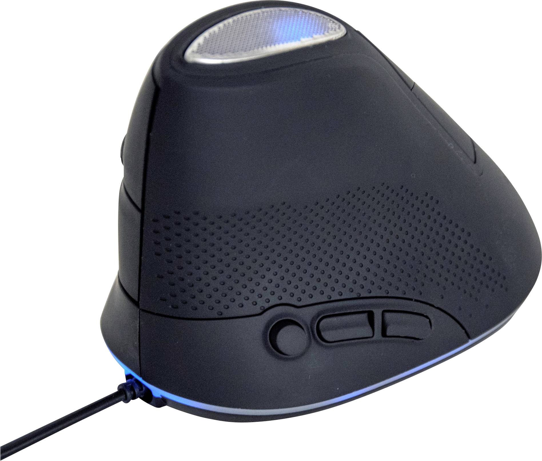 Ergonomische verticale muis met zwart ontwerp en blauwe LED-verlichting, geschikt voor comfortabel computergebruik.