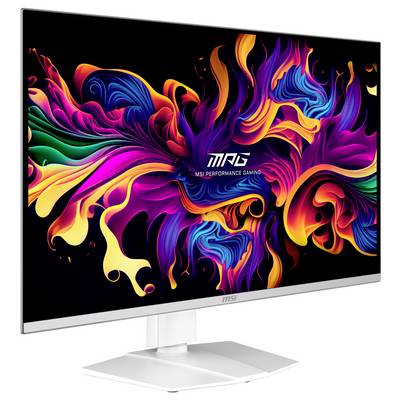 Een computermonitor met een levendig, kleurrijk abstract ontwerp op het scherm, dat stralende golven in verschillende kleuren vertoont.