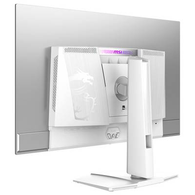 Een witte computermonitor bekeken van links achteren. Hij toont een verlicht logo en ventilatiesleuven aan de achterkant.
