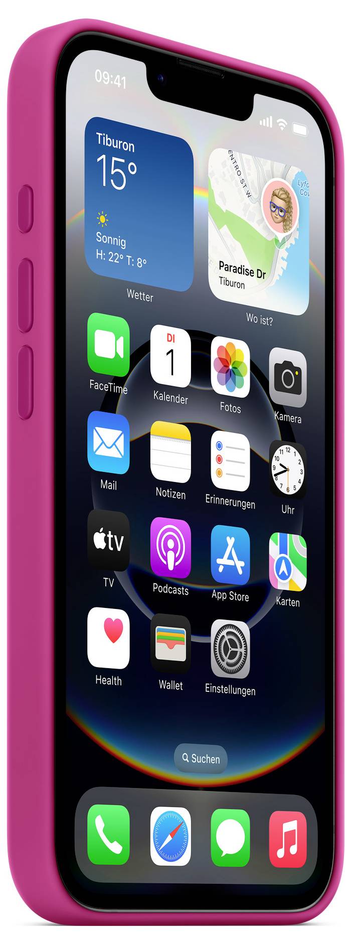 Een smartphone met een roze hoesje toont het startscherm met gebruikelijke apps, weerwidget (15°C, zonnig) en tijdstip (09:41).