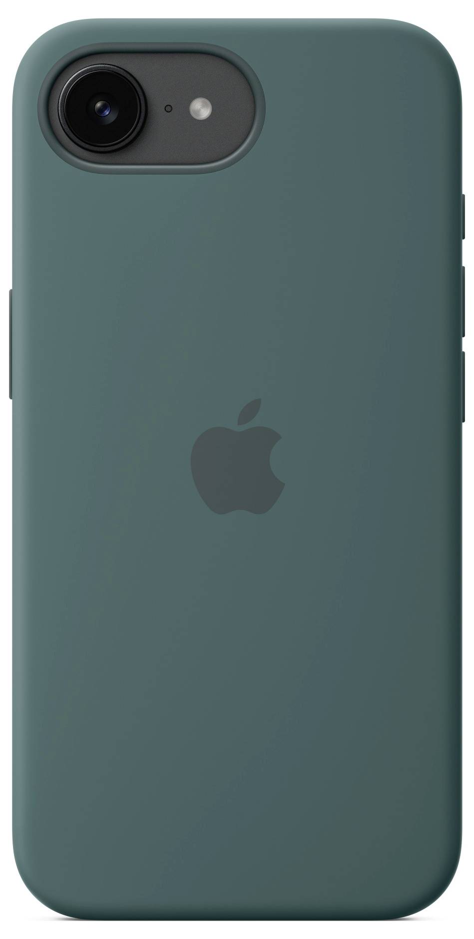 Achterkant van een smartphone met een donkergroene beschermhoes en een logo in het midden.